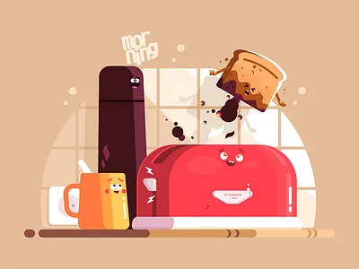 Electric toaster with slice of toasted bread background bread cup electric flat food illustration kit8 toasted toaster vector