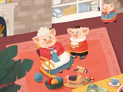 The Piglet Family a living room cozy eat dumplings filial piety illustration knit a sweater lovely pig pigeon pigeons piggy toys trojan horse vinegar