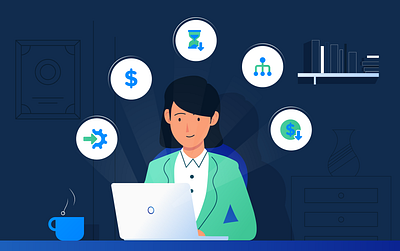 ITSM Benefits - Illustration benefits blog cover blog design blog graphic blue colour business character design chennai design flat illustration flat illustrations freshworks illustration illustrator information technology itsm itsm benefits photoshop vector women with laptop