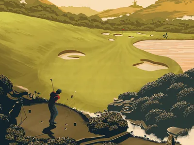 Golf adventure adventurer adventurous alcohol atmosphere brand branding design digital art fun gin golf golf course green illustration ireland landscape poster silhouettes vector