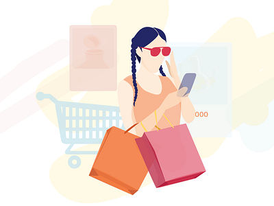 Online Shopping Girl Illustration adobeillustator bag buy design ecommerce girl glass illusign illustration pastel shopper shopping shoppinggirl store app ui vector web ui