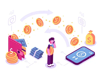 Money transfer concept application bank business cashback character coin credit card design flat illustration internet isometric online pay payment phone team transfer vector wallet
