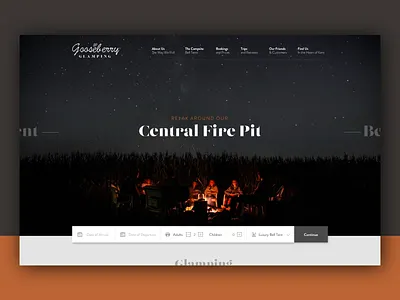 Gooseberry Glamping Landing Page black booking camp camping clean concept dark design fire glamping holiday landing page orange rebrand sketch stars trip typography ui ux