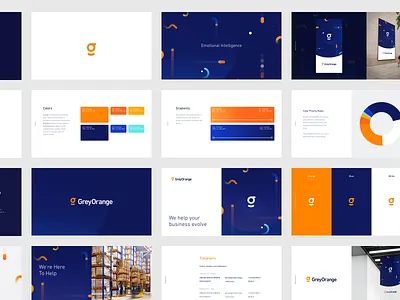 GreyOrange Brandbook blue brand brandbook branding confetti construction dark blue design dynamic greyorange hellohello logo move movelements orange typography ui ux