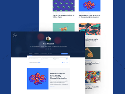 Authory Journalist Profile app article blog blue cover cover image design filter home landing page news overview profile profile page search thumbnails ui ux writer
