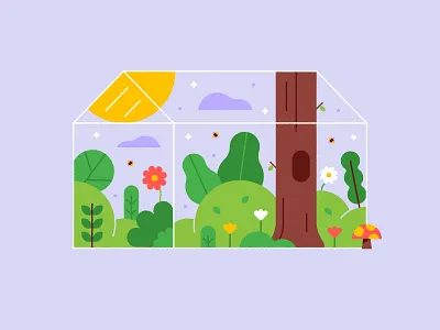 Spring 🌼🌿🍄 cute flowers glass grass green house house illustration leaves mushroom plants spring sun trees