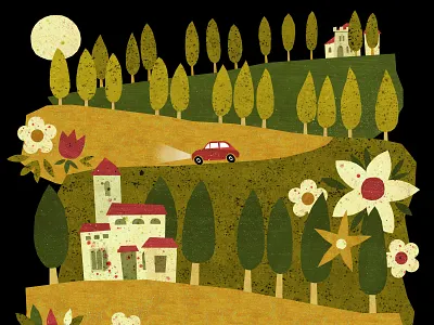 Going Home to Tuscany flowers hills illustration illustration art italy olive pine pine tree pine trees travel tuscan tuscany