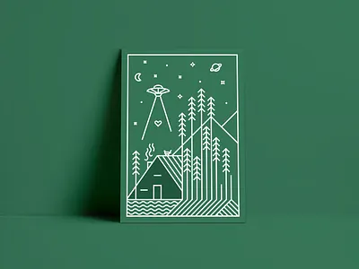 You'll Lose Your Heart in the Woods aliens cabin design forest green illustration line planet poster space trees ufo vector woods