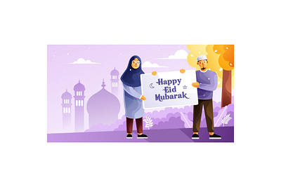 Muslim couples hold a banner happy Eid Mubarak concept
