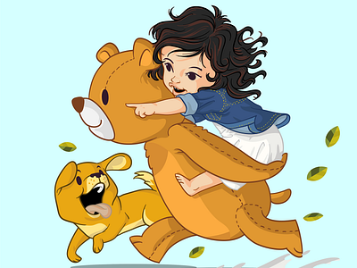 There Teddy Bear baby bear branding character design children children book illustration concept cute design dog friendship illustration kid little girl mascot puppy running teddy bear vector wavy hair