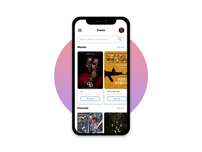 Daily UI #070 — Event Listing app concerts dailyui dailyuichallenge design events figma interface mobile app movies ui uidesign ux uxdesign