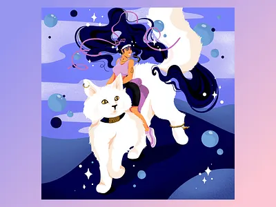 Smooth Cat Rider blue cat catrider girl girlpower grain illustration illustrator josephinerais modern art