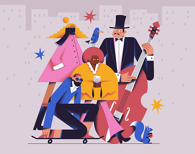 City Crowd art canada cello character characters city coffee colorful crowd design diverse flat illustration illustrator people seagull squirrel street town