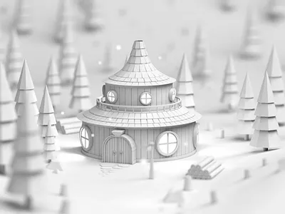 Round house clay render building c4d fantasy house lowpoly round town woods