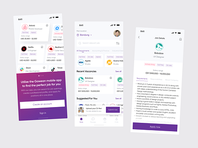 Gawean: Job Finder App app design elux finder home job location mobile networthy new onboarding opportunity premium screen space startup trending ui ux vacancy