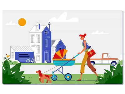 Woman walking with baby in stroller adult baby beautiful care cheerful child family female gir happy mother parent stroller woman young