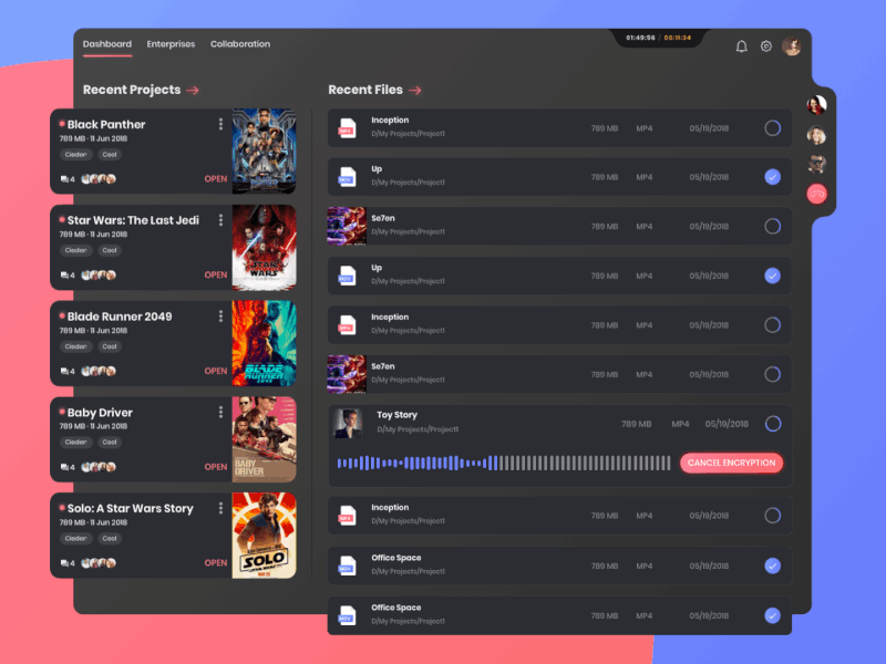 Smart progress bar for Blockchain movie app | Dark UI animation black dark app file file manager list movie progress ui upload ux