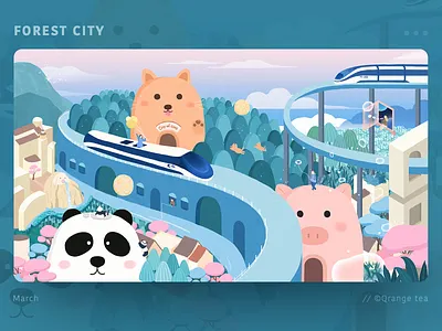 Forest city animal blue cat city design drawing dream forest future future city green illustration panda pet pig qute scenes sky transportation