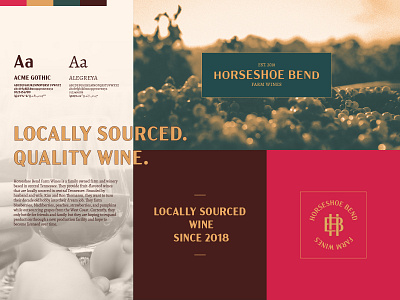 Horseshoe Bend Farm Wines 02 brand board brand identity branding design gold green icon identity identity design logo logo mark monogram premium red style tile typography wine
