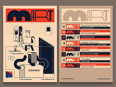 Audioban march flyer artwork audioban burak beceren calendar character design design doodle drawing event flat flyer gas station graphic design illustration music panic program sketch typography vector
