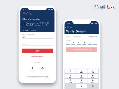 Login Screens branding colors disabled button fields hamrokart ios iphone 10 iphonex logo mobile ui onboarding social buttons verification screen