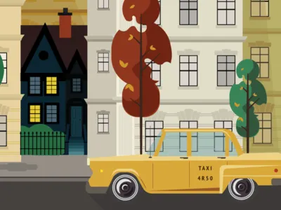 City Street Illustration Close Up color palette design graphic homes icon illustration infographic elements midcentury minimalist modern orange poster retro simple typography ui ux vector yellow yellow taxi