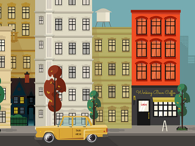 City Street Coffee Shop city city hall cityscape coffee coffee shop coffee shop front color palette illustration minimalist modern retro shop front simple taxi urban vector