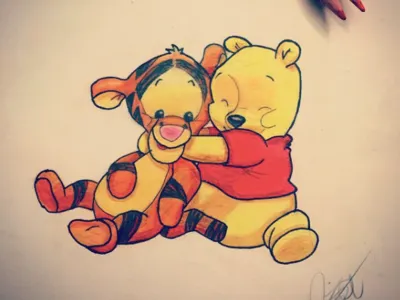 Winnie The Pooh And Tigger color pencils illustration