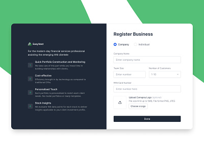 EasyVest - Create Account / Register Business app creat account design features fintech forum register signup ui ux