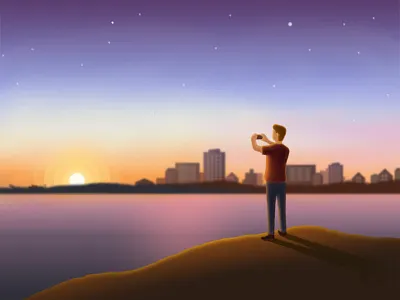 Sunset camera cartoon cute design drawing illustration man sunset typography ui ux