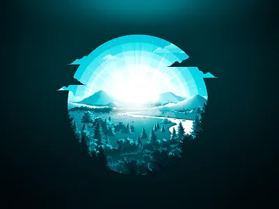 Landscape field forest horizon illustration landscape mountain nature negative proart prokopenko river sun trend water