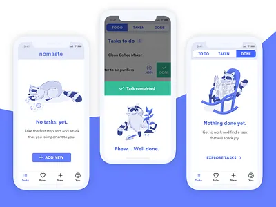 Nomaste App - Raccoon Illustrations app app design branding empty states flat illustration mobile raccoon to do ui