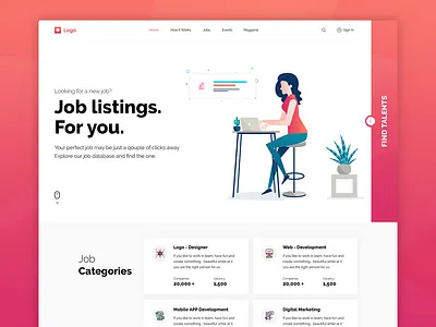 Job_Website branding cards categories colors find talents home icons illustration job job application job categories job seeker landing page listing logo talents ui uidesign