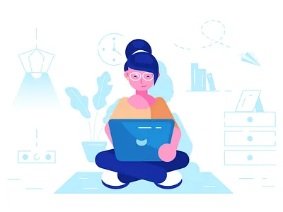 Girl with a laptop at work business business people character computer design employee feedback flat freelance home illustration interior laptop office people support testing vector woman worker