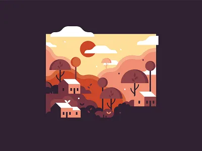 I love our little village. art cloud dark design flat flat illustration hill house illustration leaf red sun sunset tree vector village
