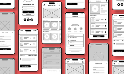 Wireframe for Sushi Ordering app app design system ios app mobile app mockup prototype ui ui kit user flow ux vector visual design wireframe wireframig