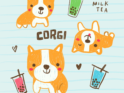 Corgis and Milk Tea animal blue boba bubble bubble tea character character design corgi cute doodle drawing illustration ipad kawaii kids lettering milk tea orange procreate tea