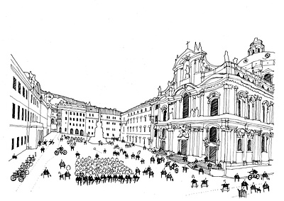 Czech Republic Prague Lesser Town square architecture illustration black and white city illustration funky illustration lineart