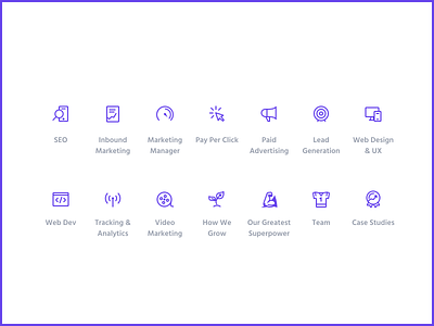 Website icons • Fannit Marketing award bullseye clean dev grow icon inbound jersey line marketing megaphone muscle plant ppc responsive seo signal stroked superhero vector