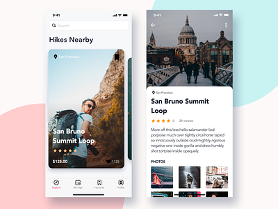 Hiking Trip App app card design hikes app hiking ios iphonex minimal mobile app design mockup ui