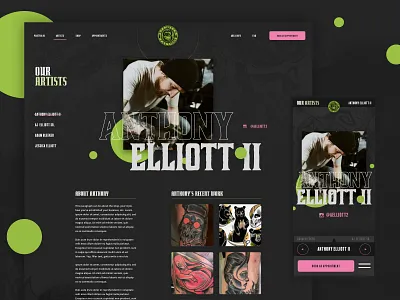 Elliott's Artist Page WIP circles depth of field green pink grid layout navigation menu old school vibe responsive design sticky nav tattoo artist ui ux strategy web design web to mobile breakdown