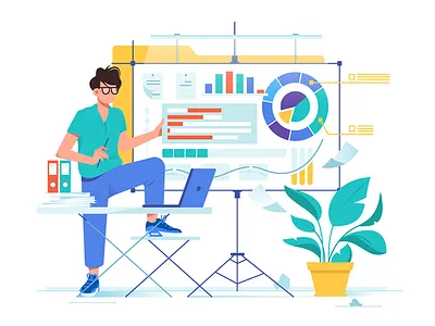 Data analysis with diagram analysis business data diagram flat folder illustration kit8 man vector workplace