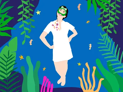Underwater girl illustration sea seahorse seaweed starfish underwater water