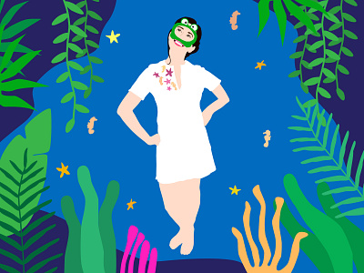 Underwater girl illustration sea seahorse seaweed starfish underwater water
