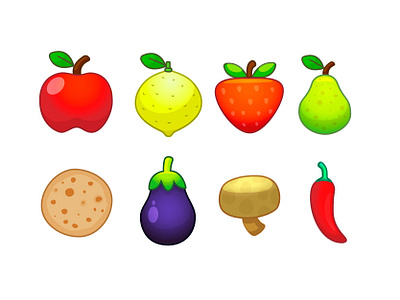 Vegetables, fruits and chapati ❤️ apple aubergine berenjena chapati chili eggplant fruits frutilla hongo icon illustration lemon limon manzana mushroom pear pera puta parió strawberry vegetables