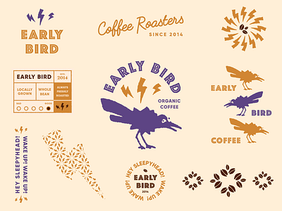 Early Bird Organic Coffee animal badge brand identity branding energy hand drawn handmade illustration lightning logo packaging texture