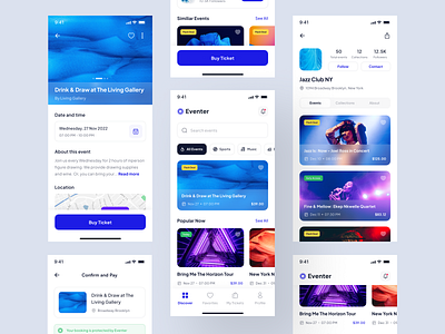 Eventer - Event Booking App UI Kit barcode booking online branding concert design event event organizer graphic design mobile design music organizer pixlayer ticket ui ui kit ui8 uikit ux ux kit web design