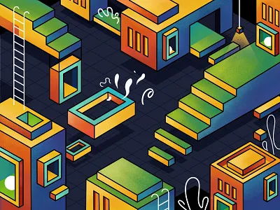 floating house 2.5d bright colored house illustration line stairs