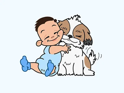 Hi Dribbble! baby baby boy blue dog first shot hi dribbble hug illustration love pet pregnancy pregnancy announcement shih tzu thank you vector