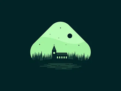 Church at Twilight agrib chapel church church design cross glowing night green icon illustration moon moonlight negative space night night time nighttime pond shades of green trees twilight water